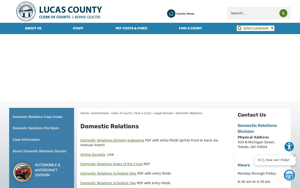 Lucas County civil court docket Domestic Relations Clerk Division information