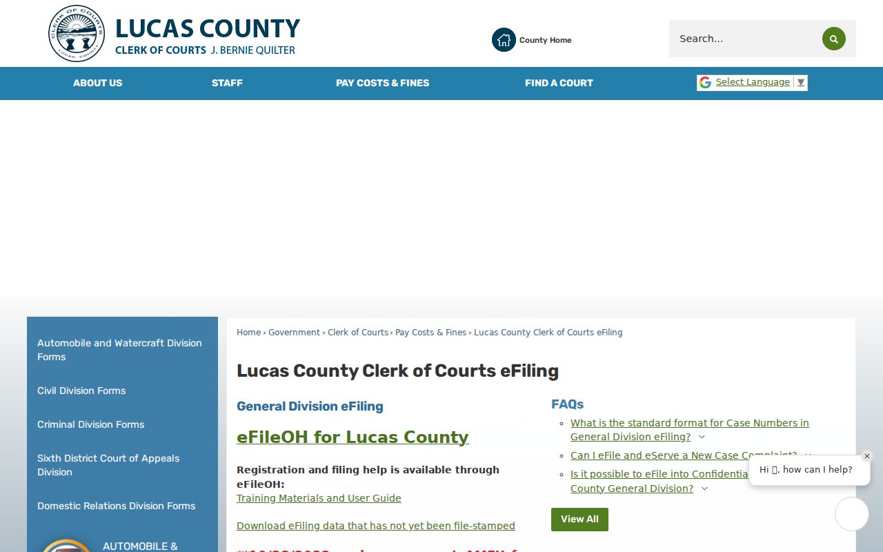 Lucas County civil court docket eFiling and case number information