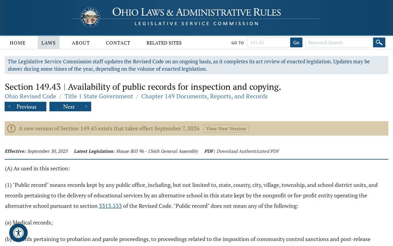 Ohio Public Records Act authority cited in Lucas County Clerk public-records policy