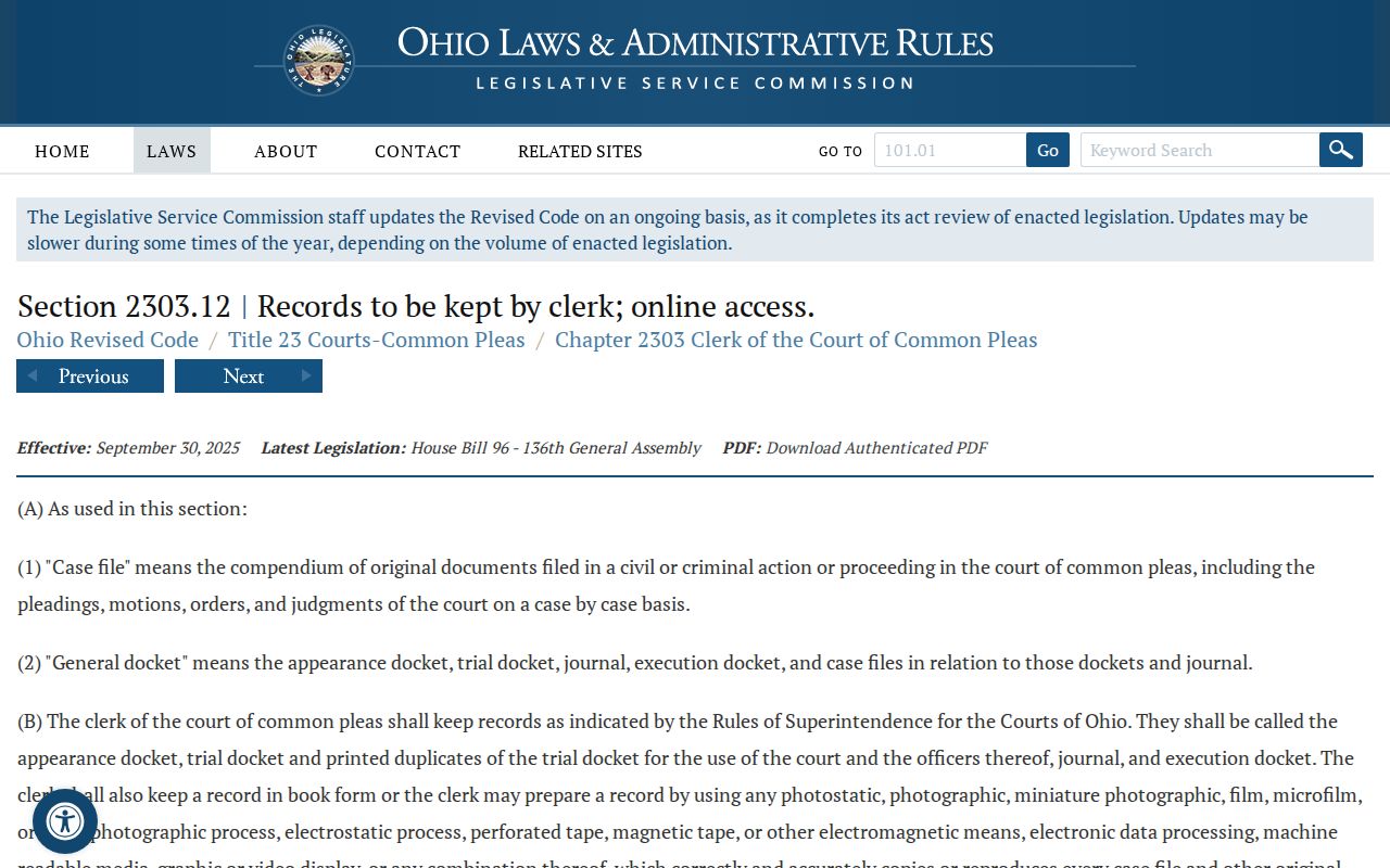 Ohio Revised Code section on Common Pleas clerk docket duties and online access