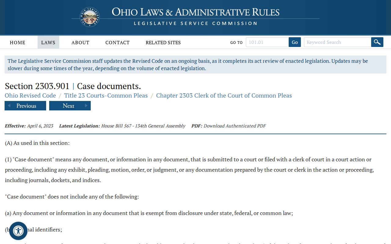 Ohio Revised Code section on protected personal identifiers in court case documents