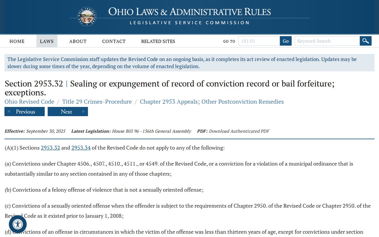 Ohio statute describing sealing and expungement of eligible court records