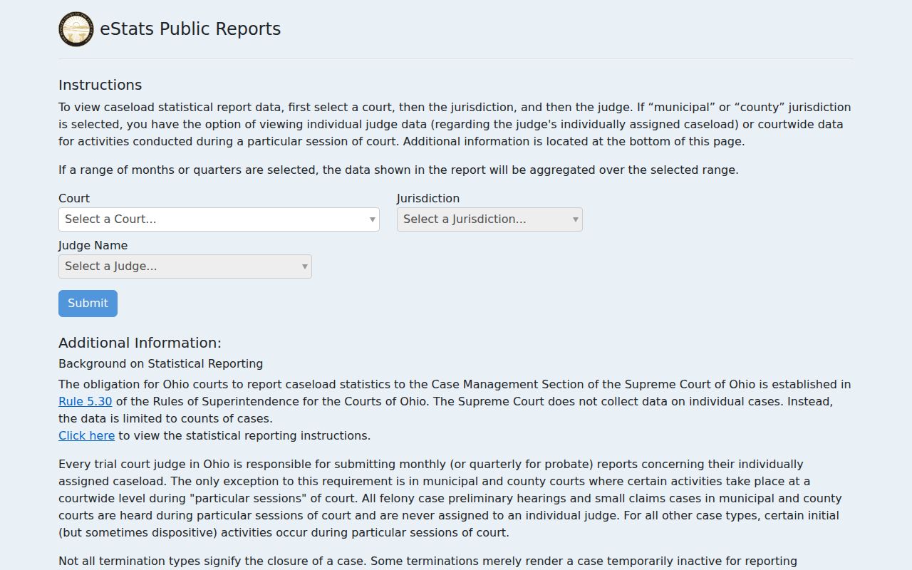 Lucas County court schedule Ohio eStats public reports information