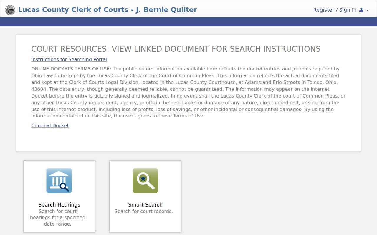 Lucas County criminal court docket Navigator portal with search entries