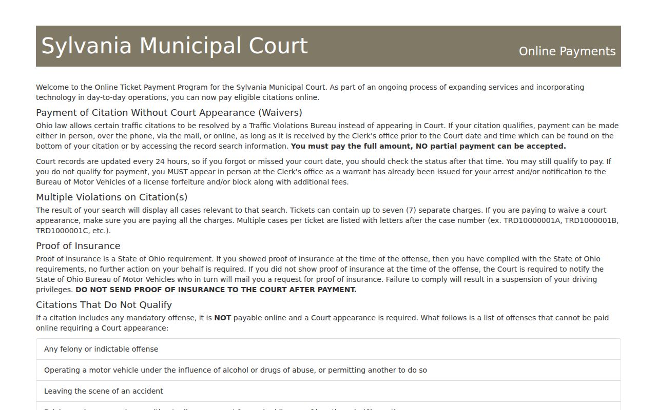 Sylvania court records payment and search system