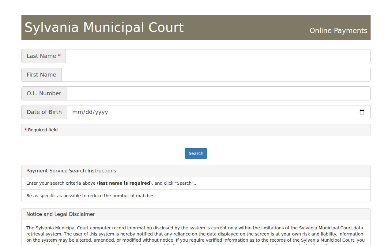 Sylvania court records search fields