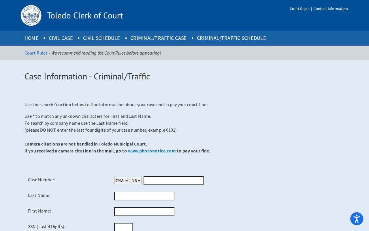Toledo court records criminal traffic search fields