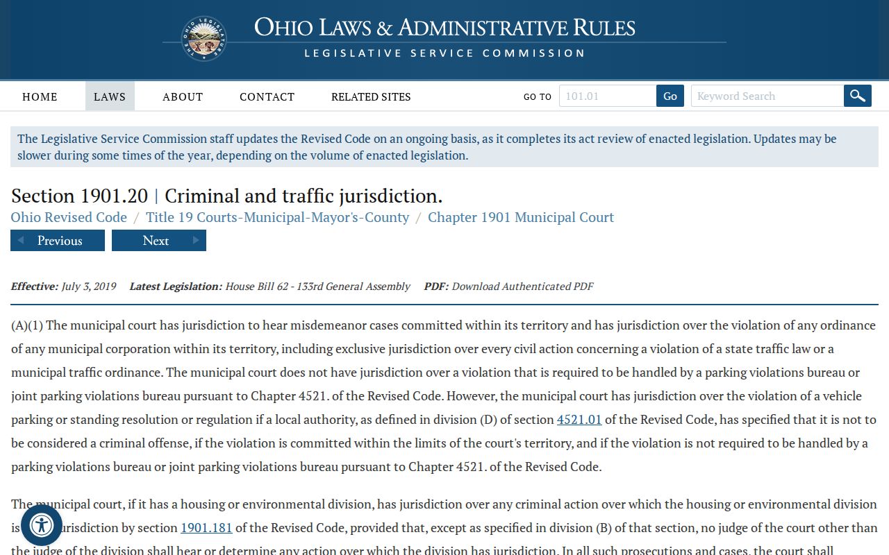 Ohio statute describing municipal court traffic and misdemeanor jurisdiction