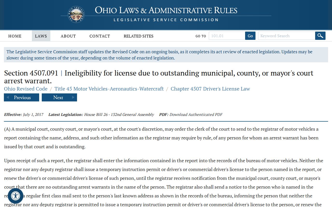 Ohio statute on BMV restrictions after an outstanding court warrant notice