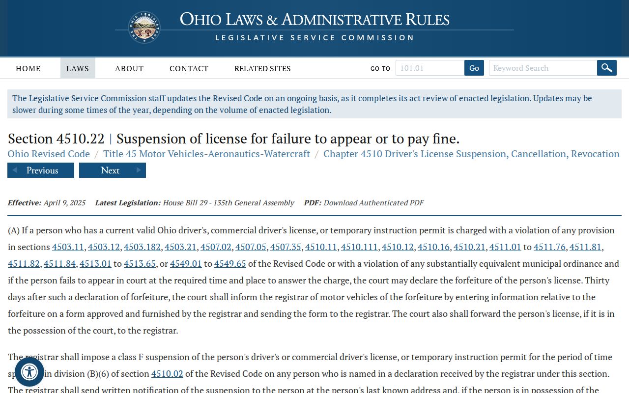 Ohio statute on traffic failure-to-appear reporting and license forfeiture process
