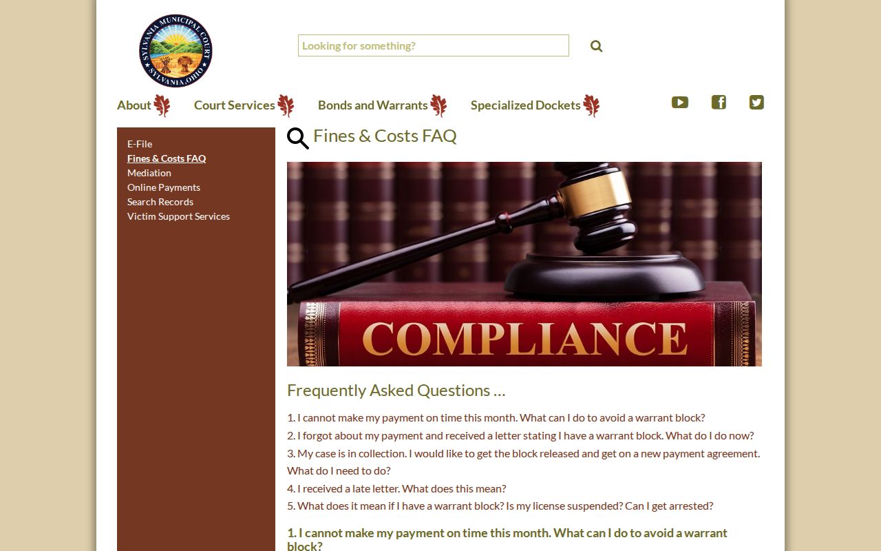 Sylvania Municipal Court fines and costs information on warrant blocks