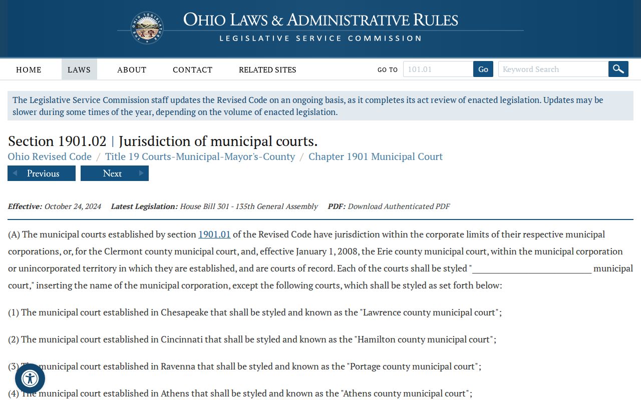 Waterville court records Maumee Municipal Court jurisdiction statute